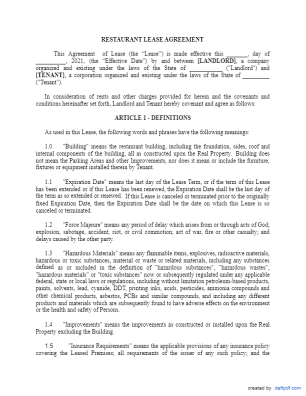 Restaurant Lease Agreement