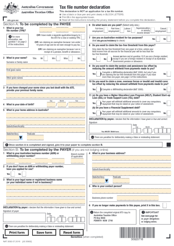 Tax File Declaration Form - Australia