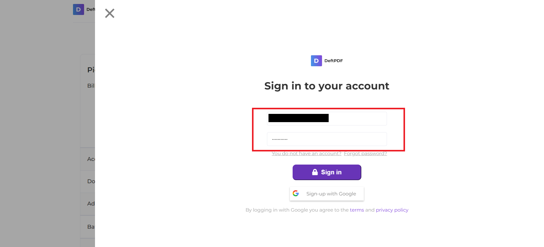 log in your account
