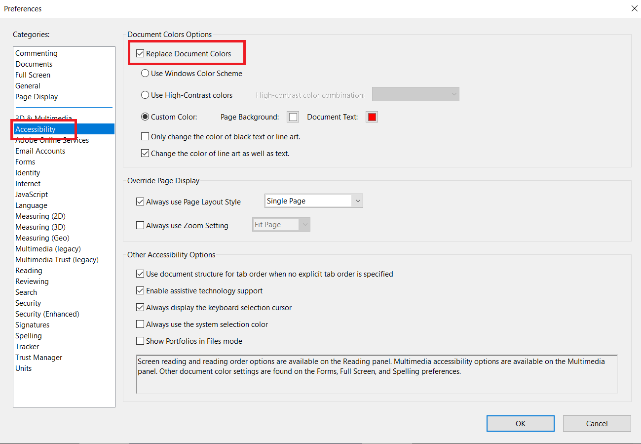 change color in accessibility in adobe reader