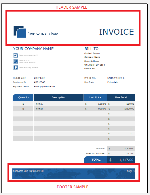 DeftPDF header and footer invoice sample