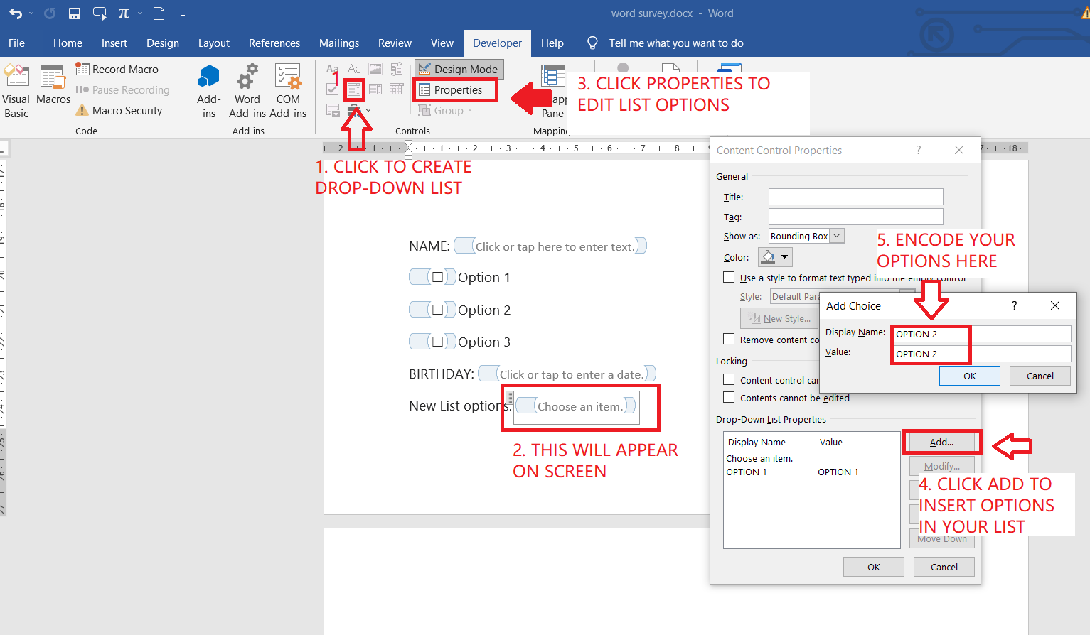 adding a dropdown list in word