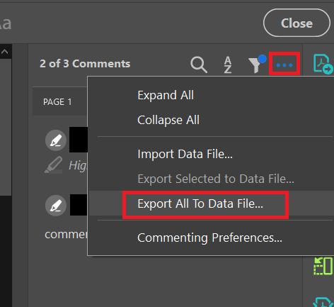 extract highlighted and comments into a data file using adobe