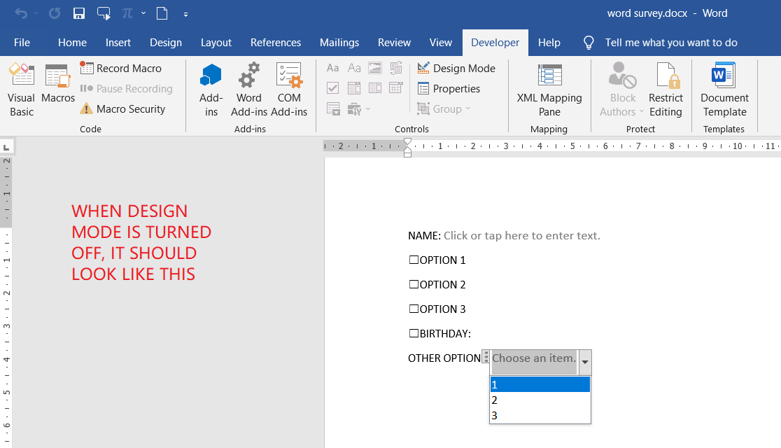 sample of form created in word
