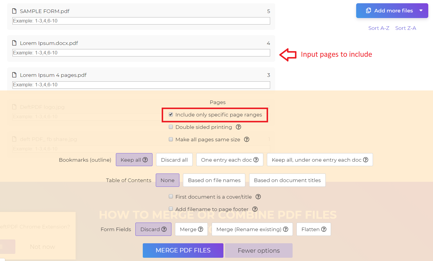 DeftPDF_specify page range when merging