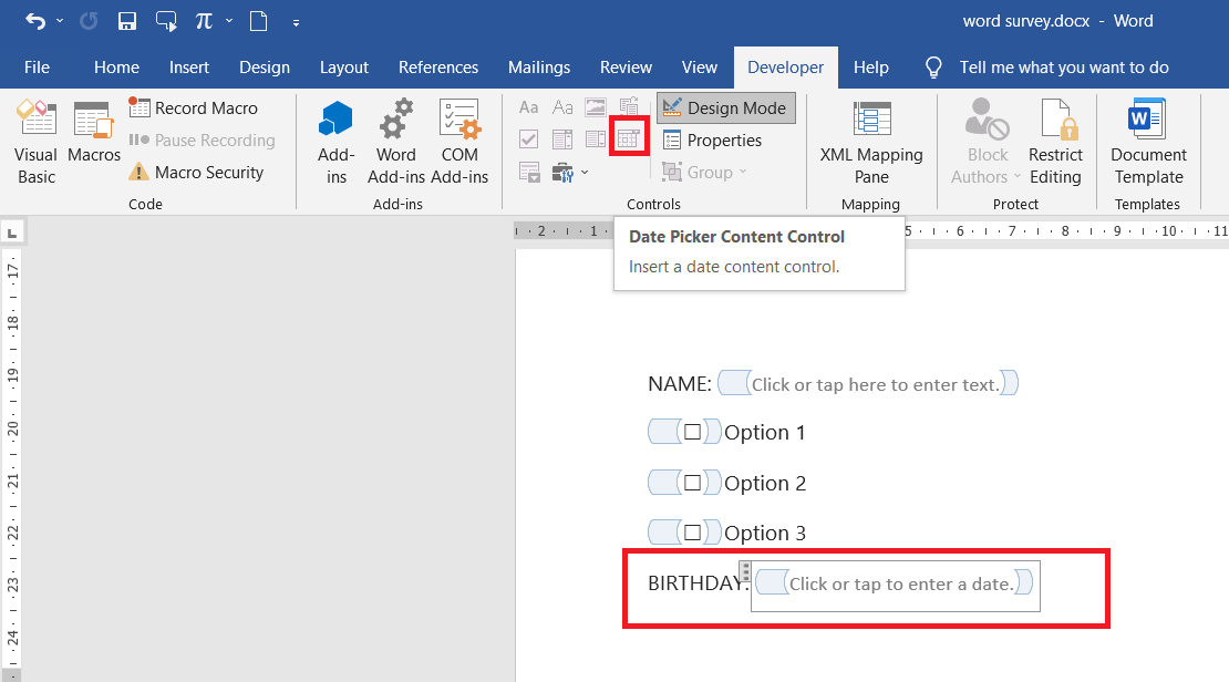 adding date and calendar in word as form elements