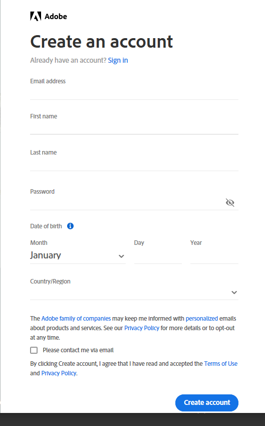 create account with adobe ID