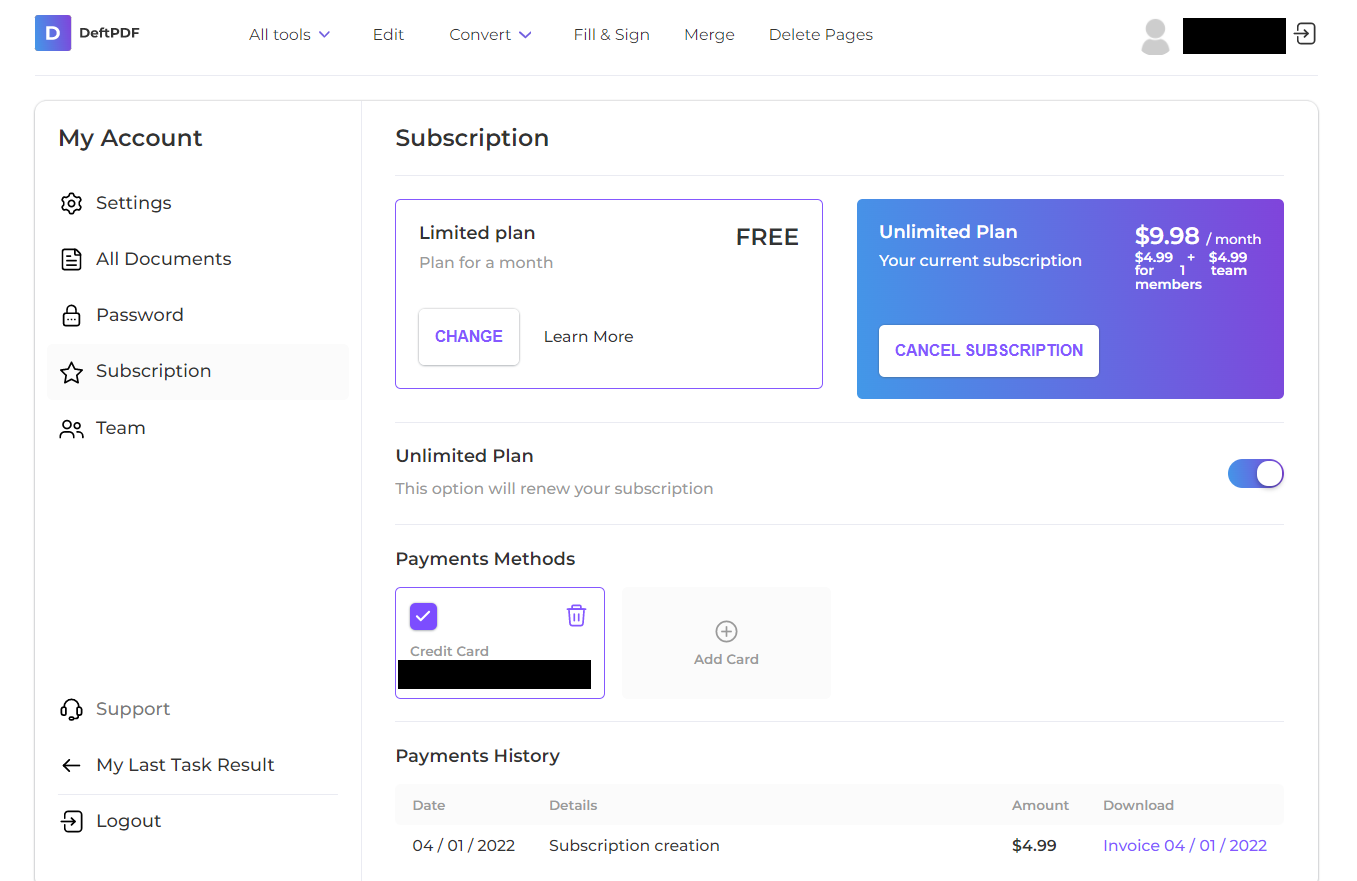 subscription payment change