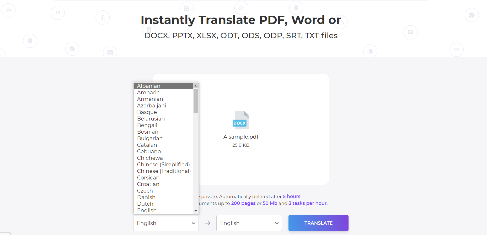 translate PDF by DeftPDF and click the language from the selection