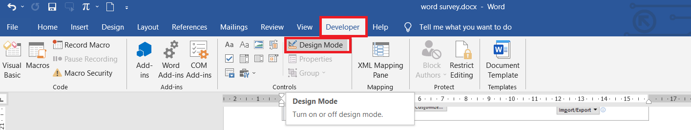 design tab in developer tools in word