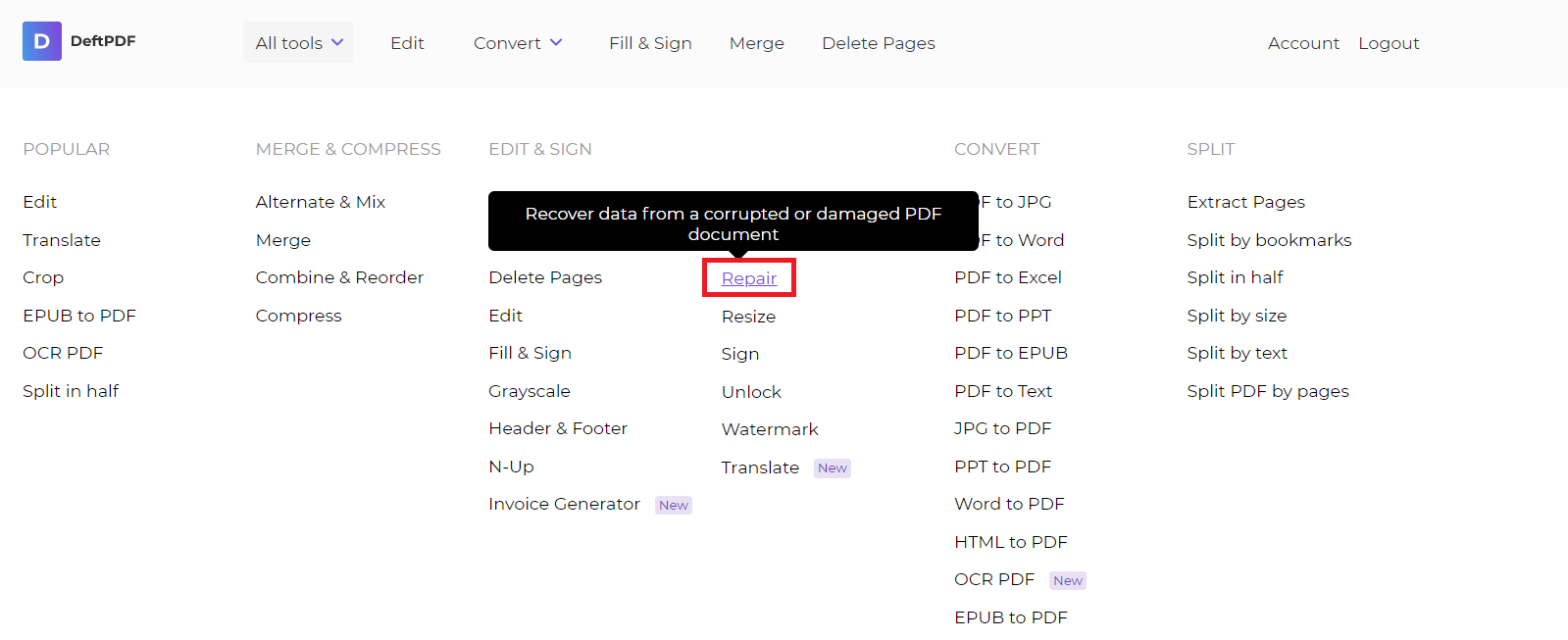 DeftPDF repair tool for PDF