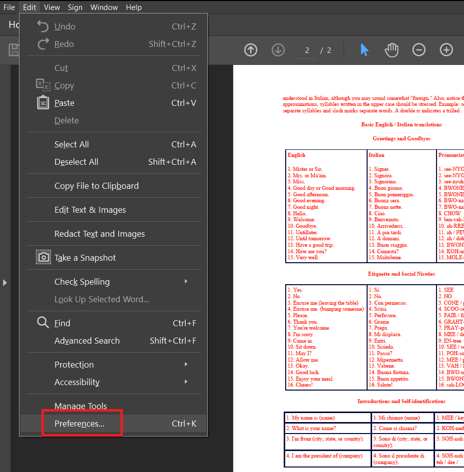 edit preferences in adobe acrobat