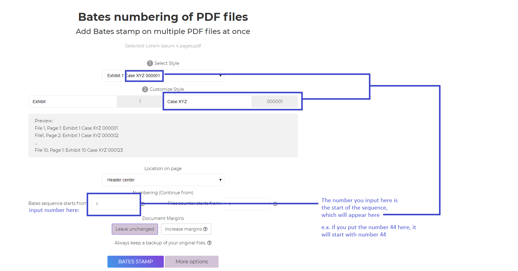 Deftpdf Bates numbering sequential