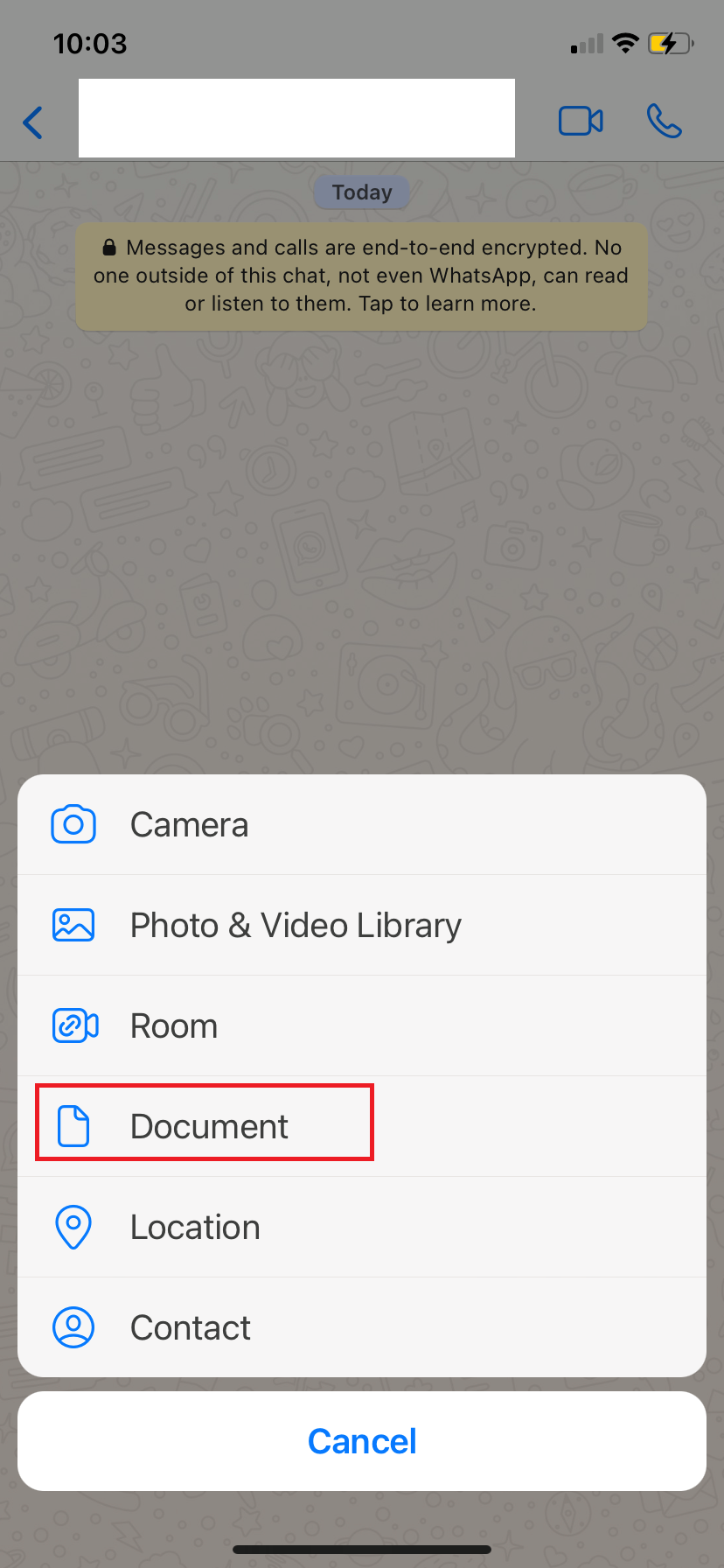 screenshot of whatsapp choosing documents in options