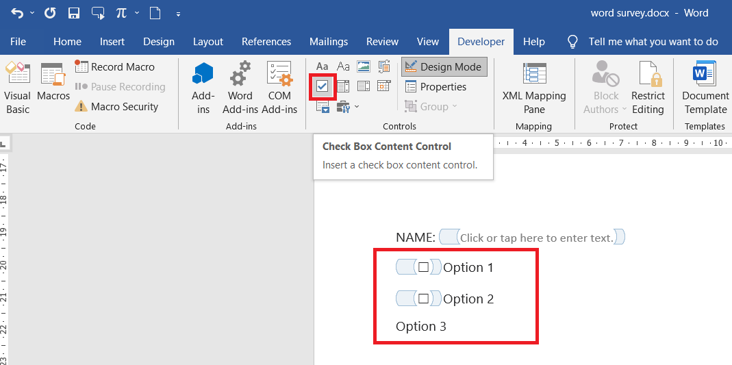 adding a checkbox in word