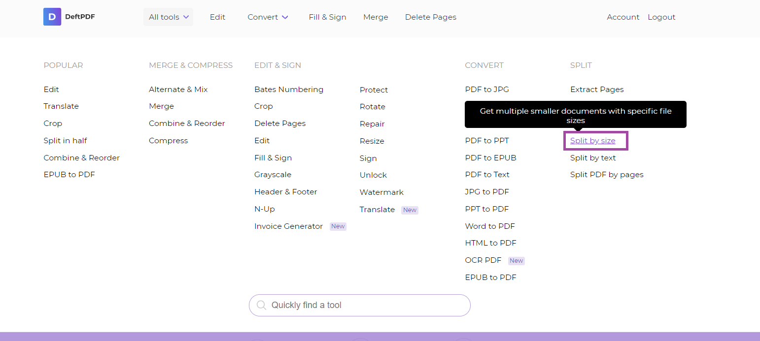 split by size tool at deftpdf