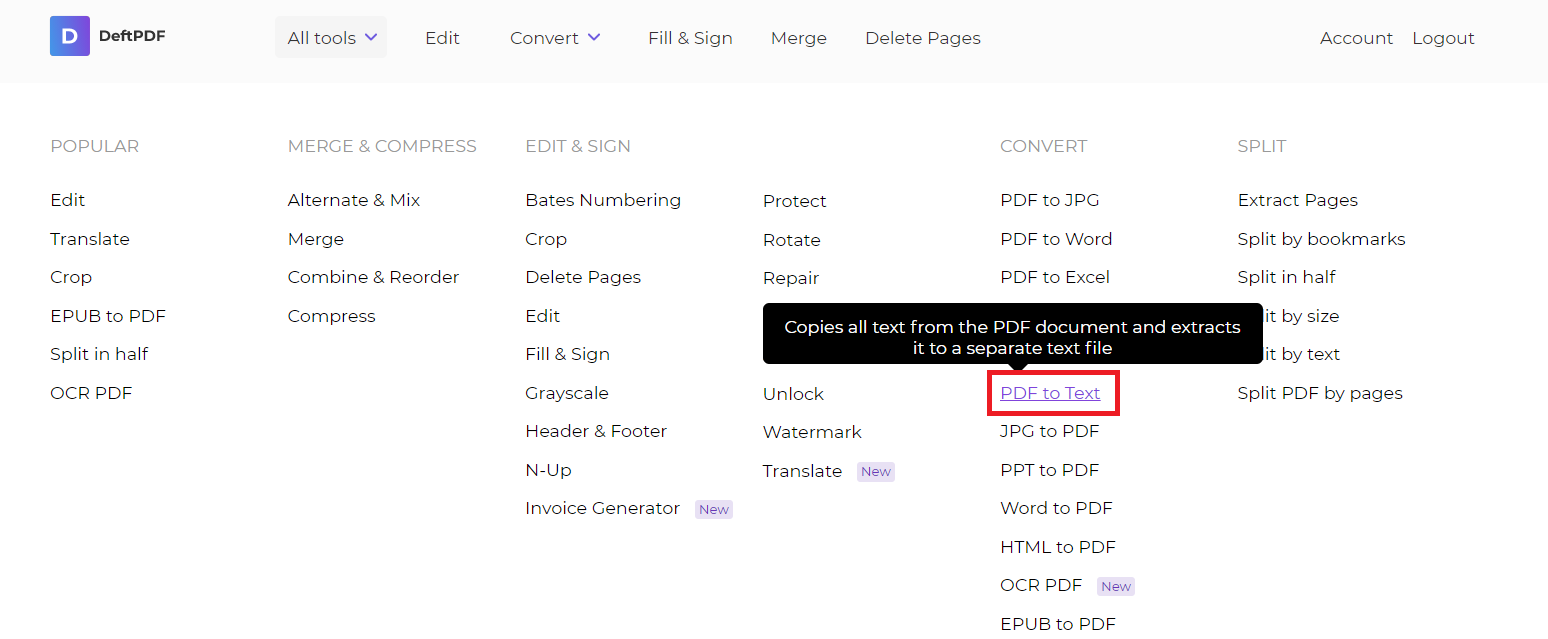 DeftPDF PDF to text converter
