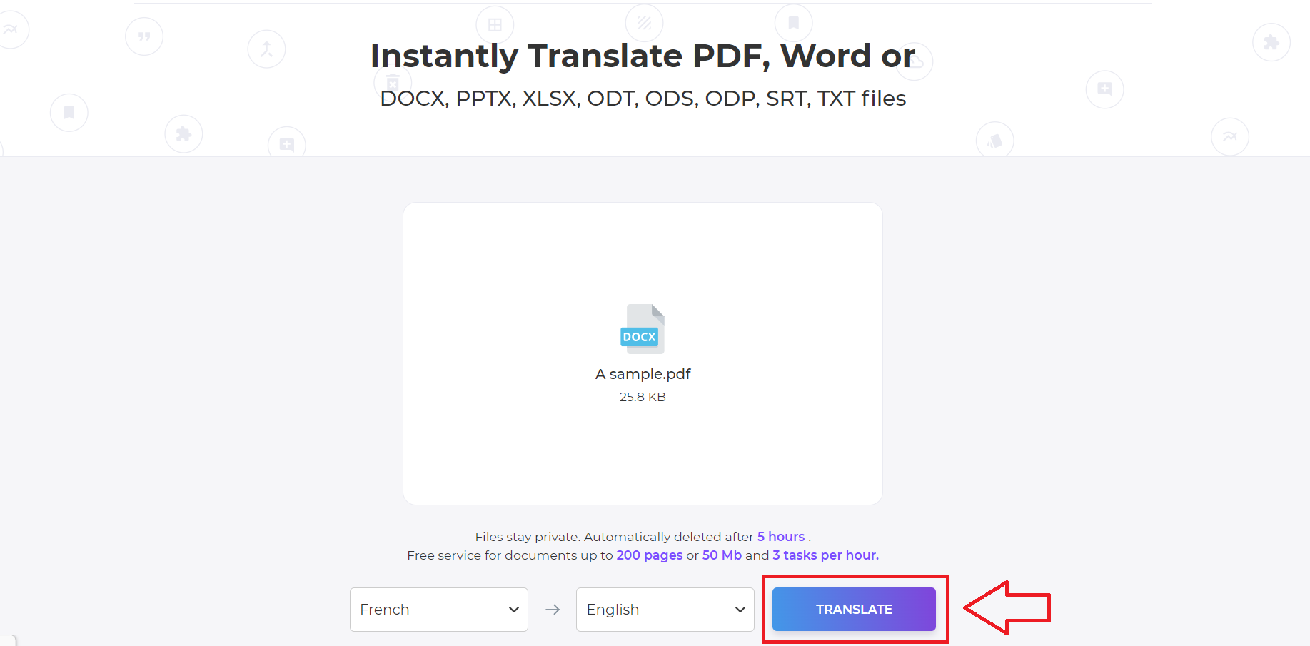 click translate to process the document at DeftPDF