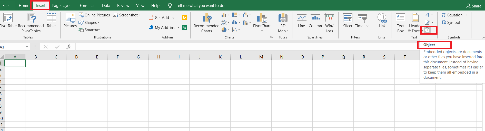 Excel insert tab