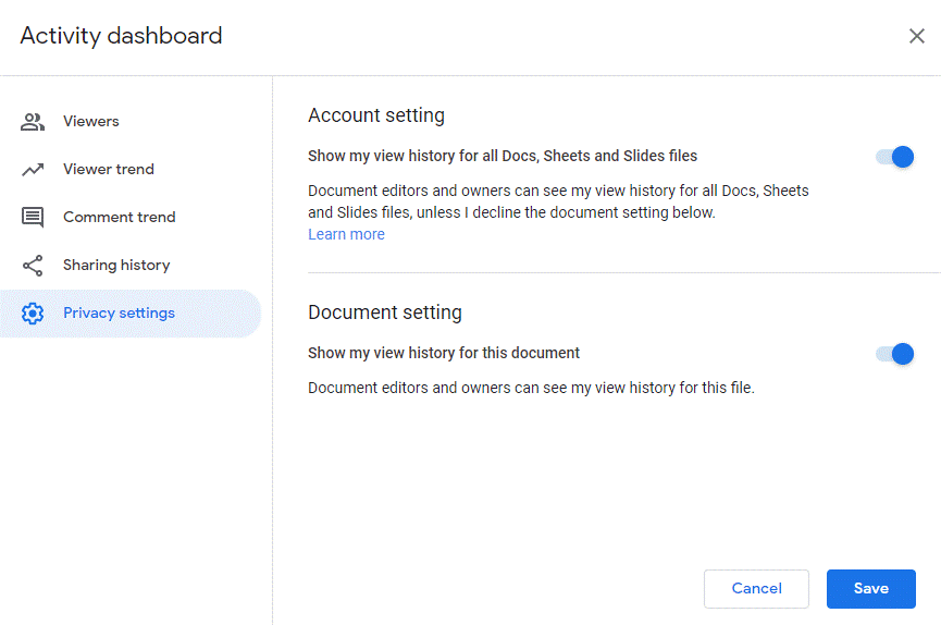 privacy setting change in g suite