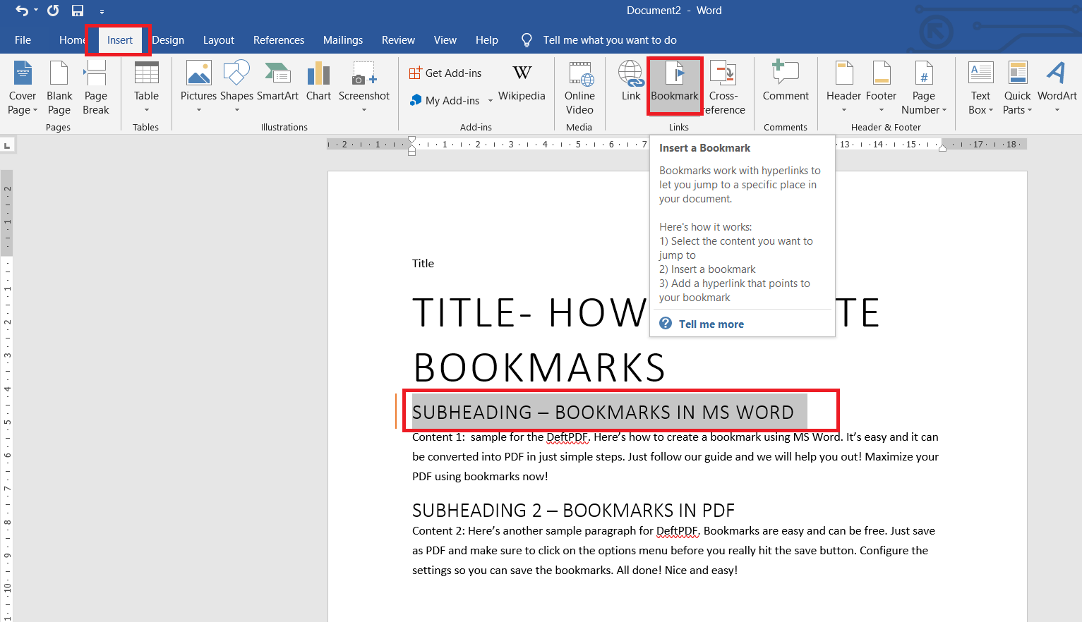 add a bookmark using Word