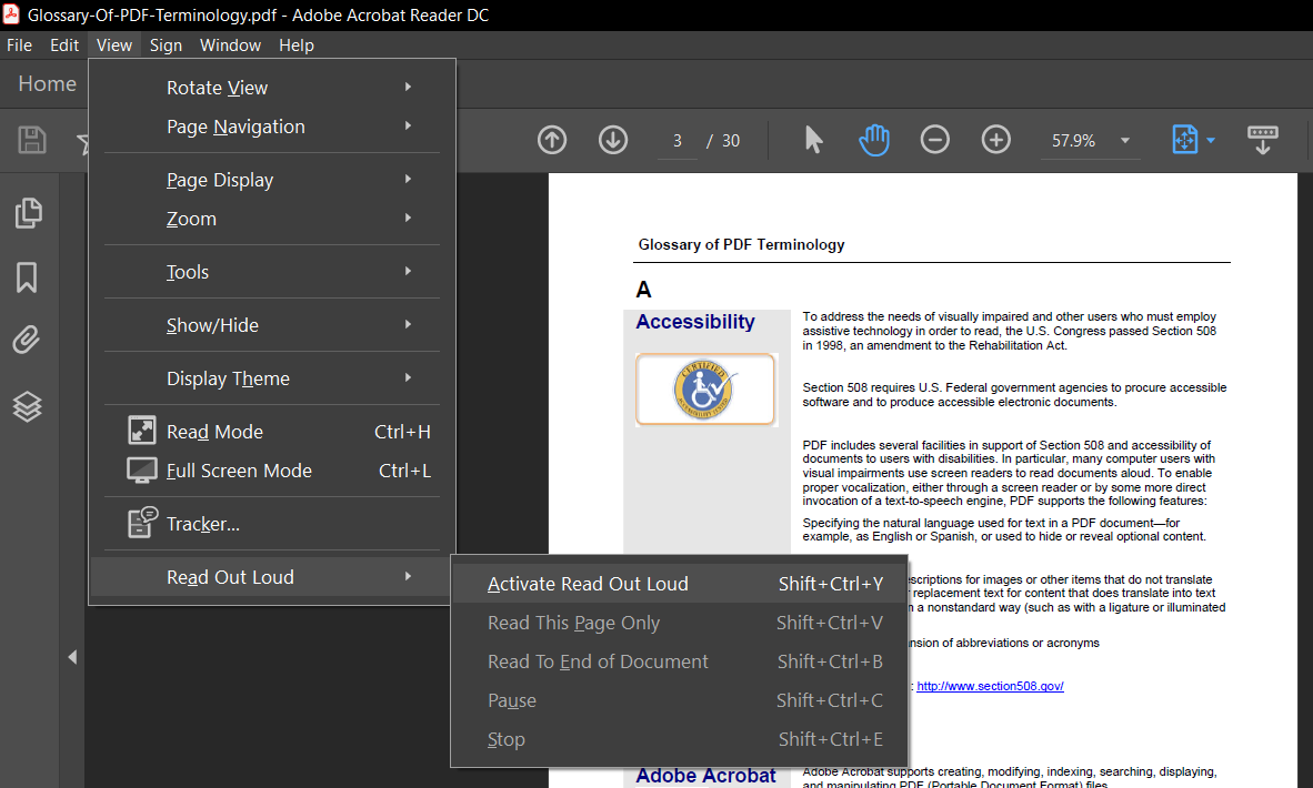 activate read out aloud in adobe
