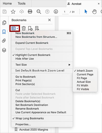 bookmarks pane in adobe acrobat