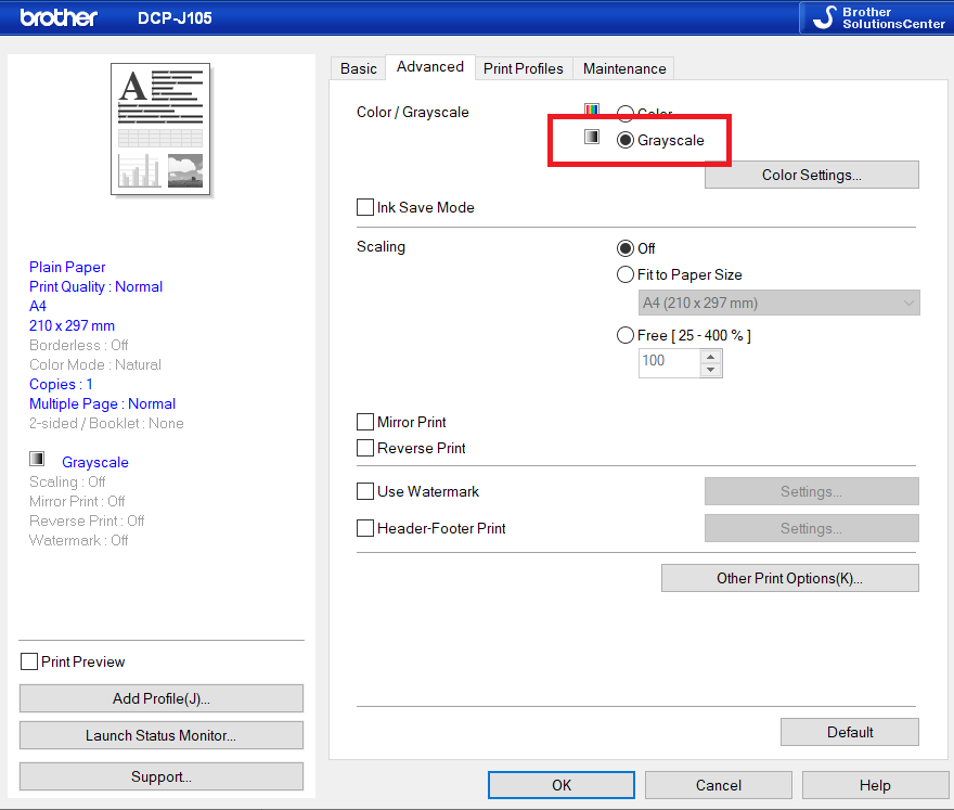 setting your printer to grayscale