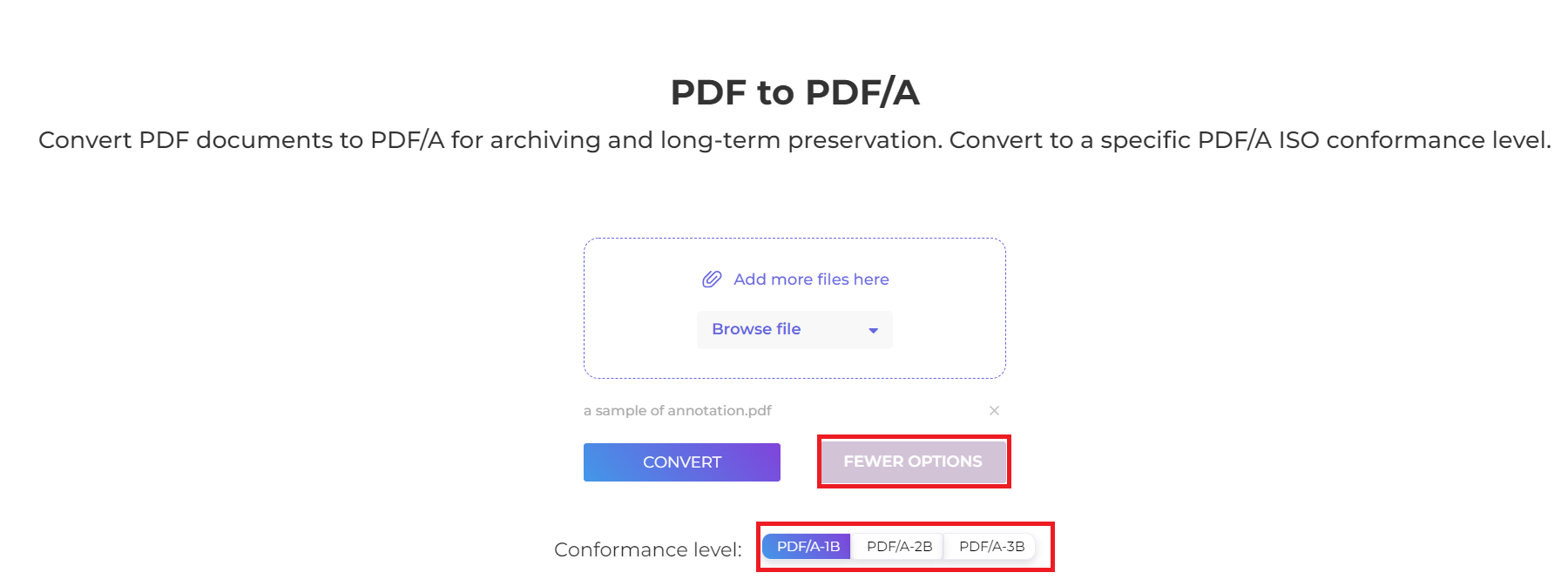 more options to choose type of pdf/a