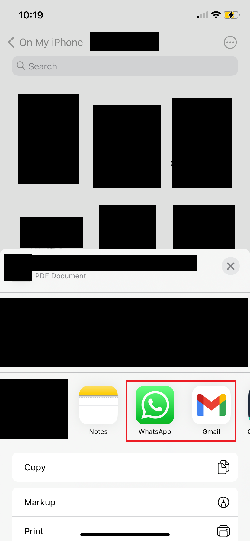 screenshot of choosing whatsapp to send PDF in iphone