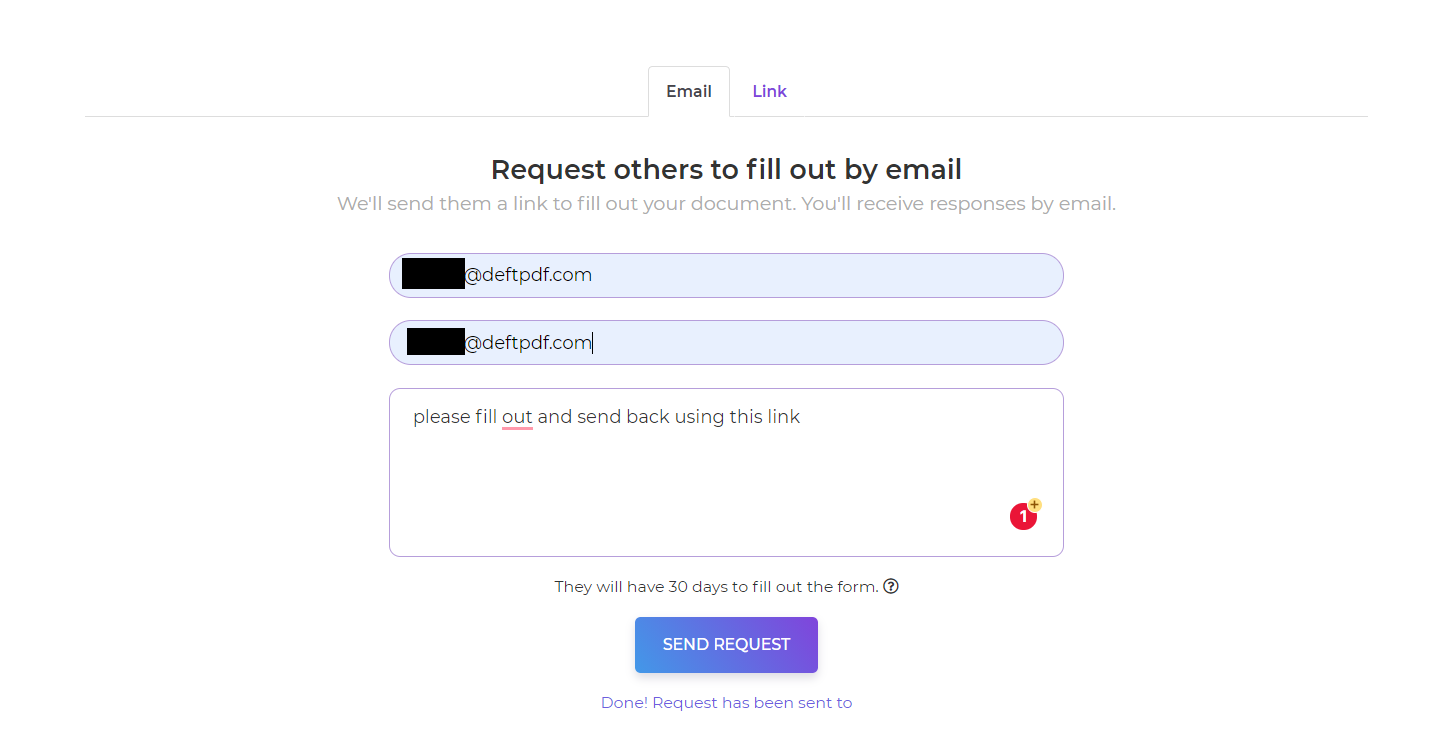 sending the form via email at deftPDF