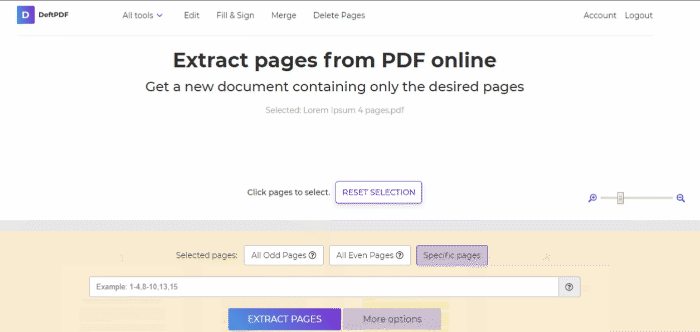 DeftPDF extract pages