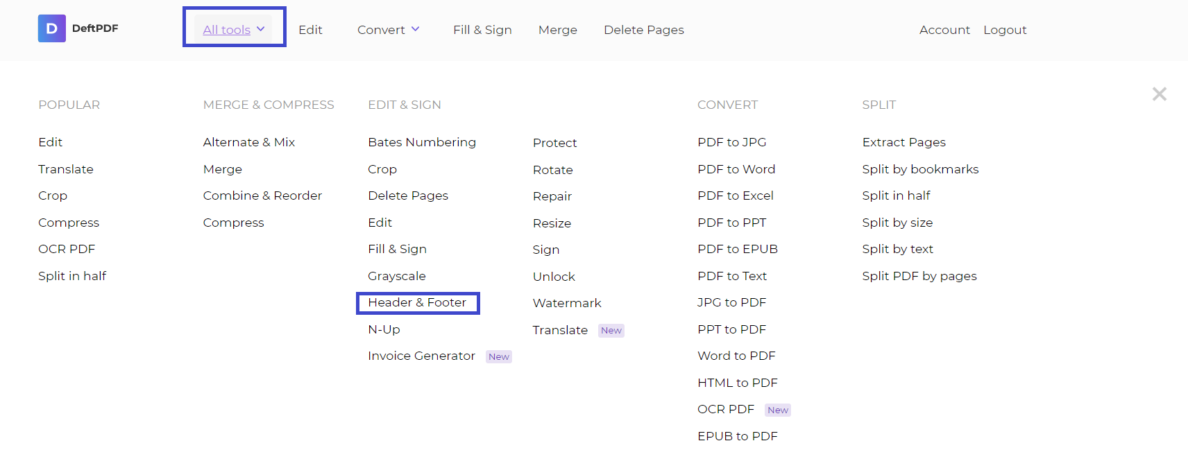 header and footer tool at DeftPDF
