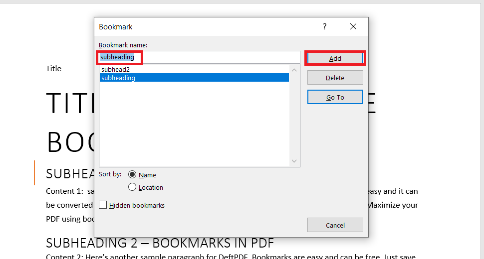 how to create a bookmark in pdf document