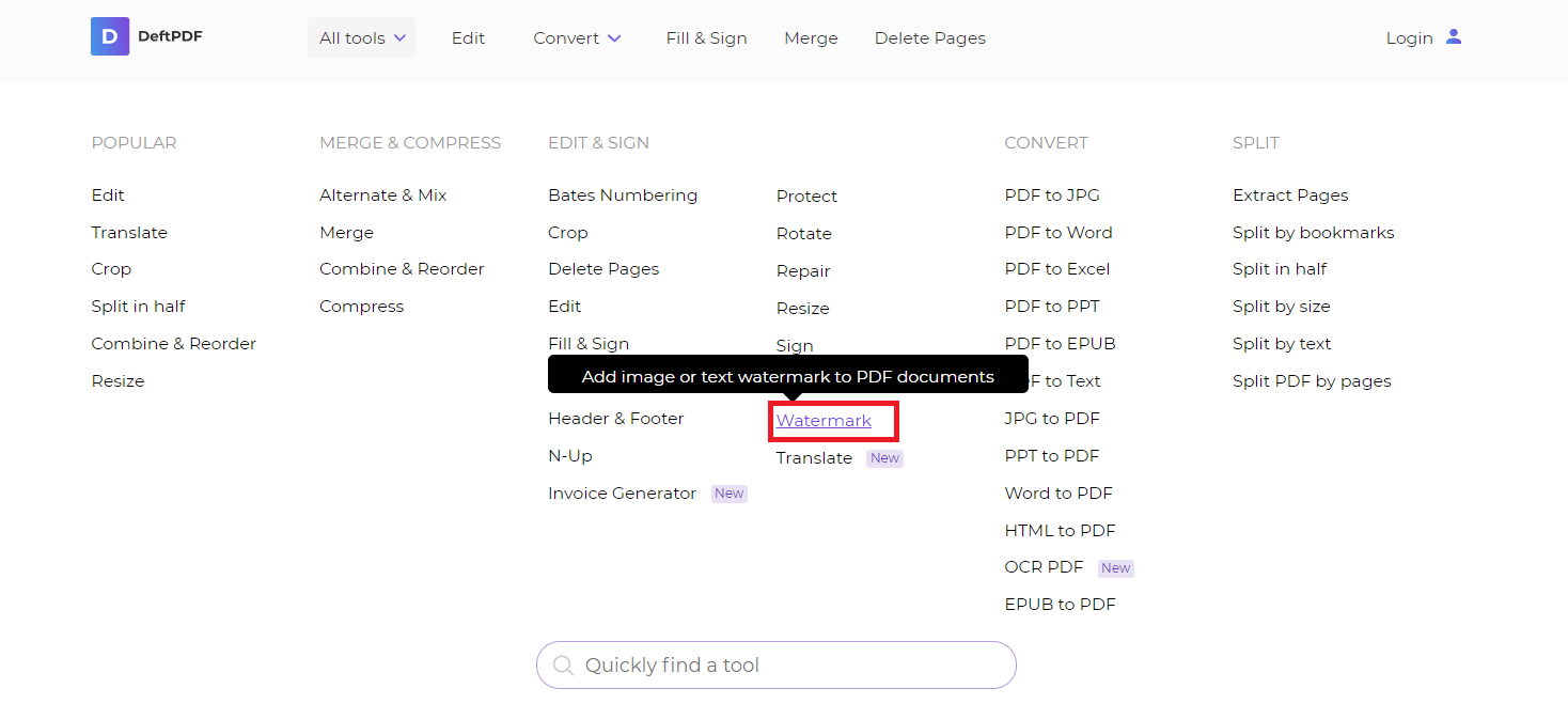 watermark tool at DeftPDF