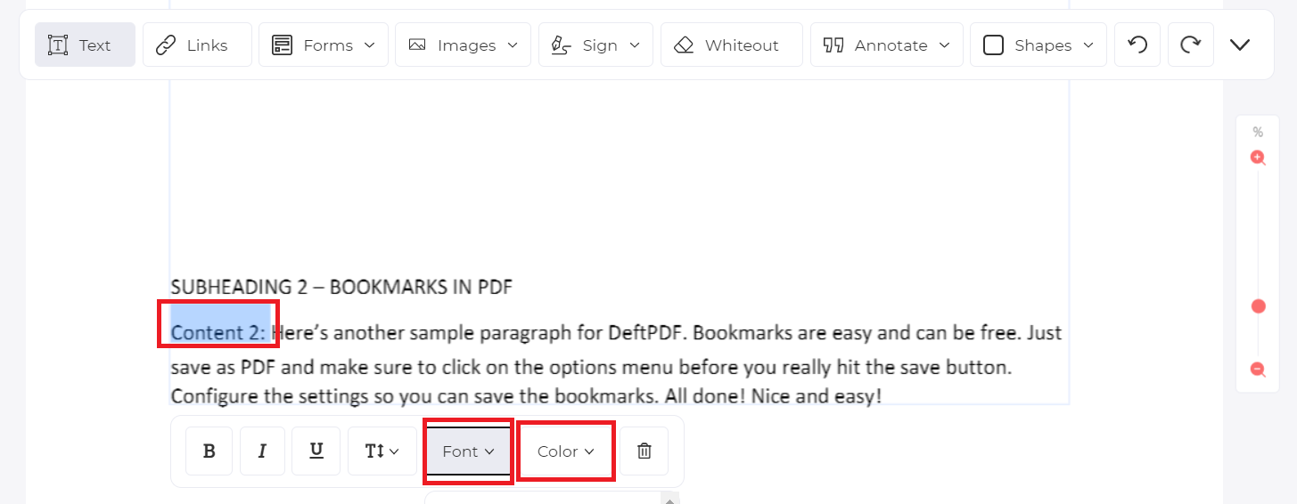 change the text font and color of text on PDF