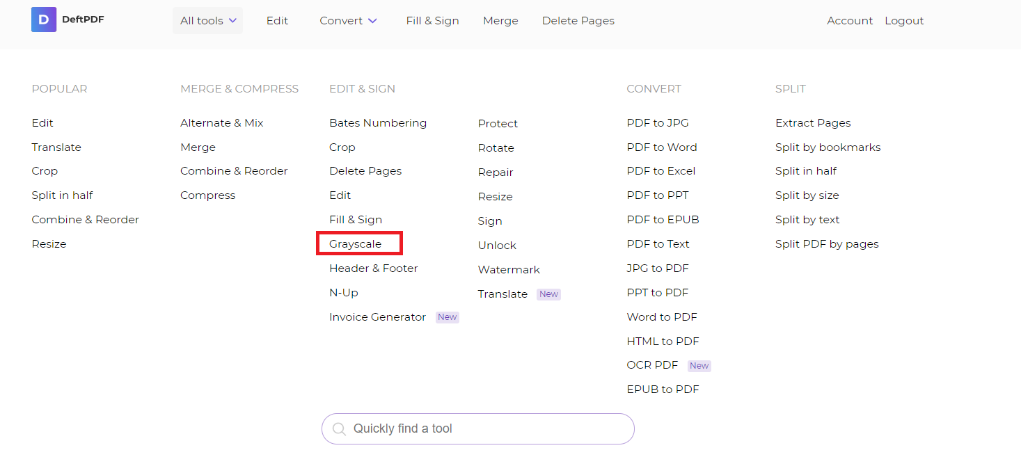 grayscale tool at DeftPDF